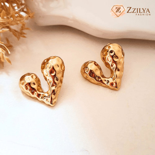 Golden Hammered Heart 18k Gold Plated Earrings