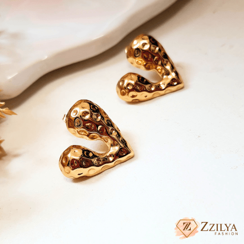 Golden Hammered Heart 18k Gold Plated Earrings